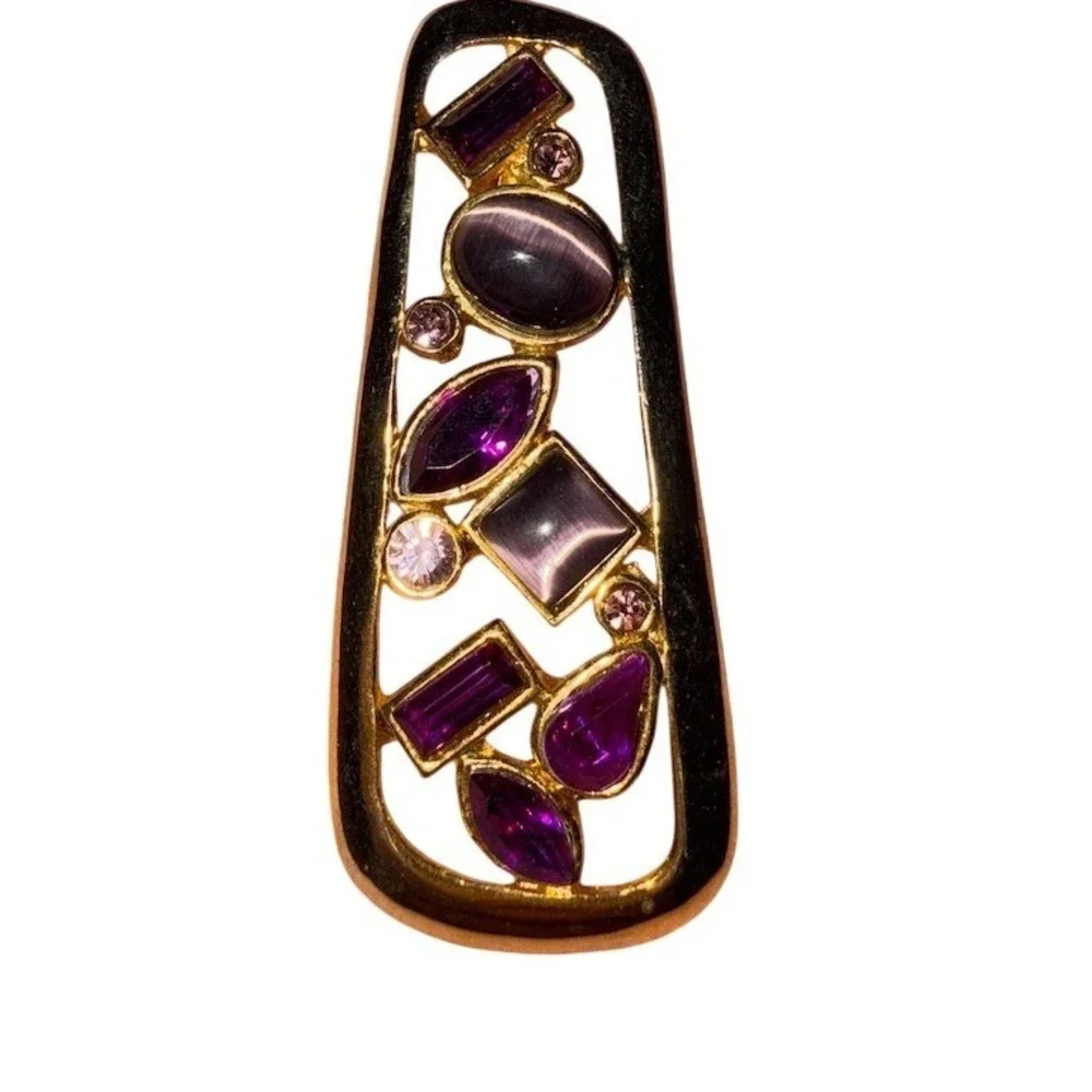 Vintage Art Deco Pendant Gold Tone Rectangle Purple Cabochon Rhinestone‎